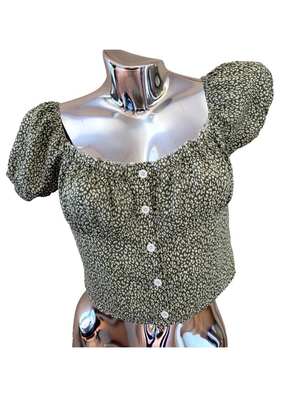 Romwe Women's Coquette Babydoll Cropped Top Size M Green Floral Milkmaid Cottage